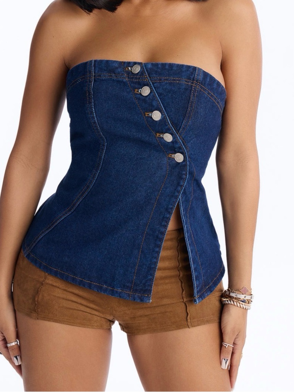Denim Strapless Button-Front Corset Top - Blue